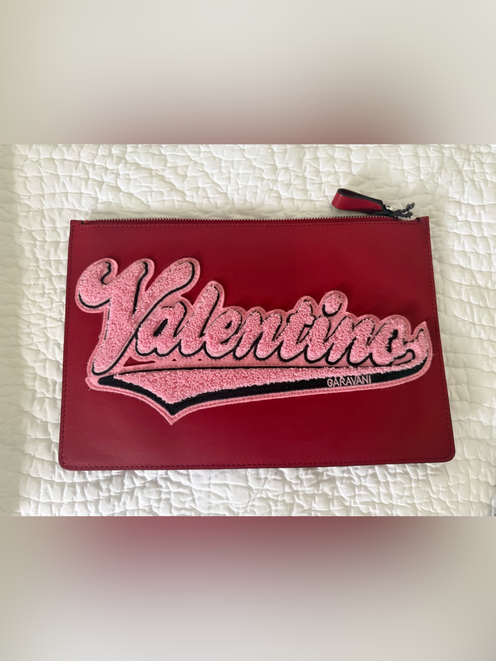 Valentino Red Leather Zip Pouch / Clutch with Pink Logo Patch